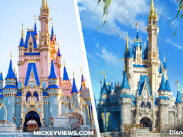 Magic Kingdom’s Classic Cinderella Castle is Finally Returning! Rose Gold existing Cinderella Castle pictured on left panel of photo montage. Concept art for a more classic color scheme of grays and blues on right panel.