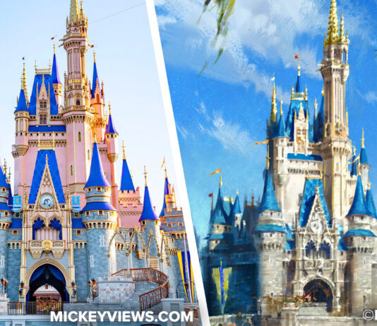 Rose Gold existing Cinderella Castle pictured on left panel of photo montage. Concept art for a more classic color scheme of grays and blues on right panel.