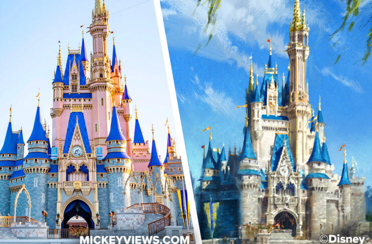 Rose Gold existing Cinderella Castle pictured on left panel of photo montage. Concept art for a more classic color scheme of grays and blues on right panel.