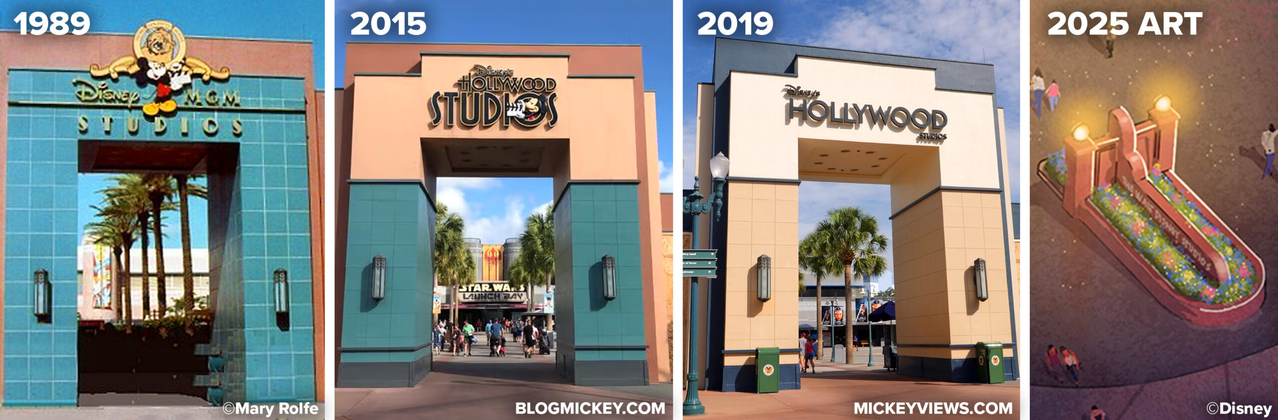 Montage of Disney's Hollywood Studios archways over the years. Left panel: 1989 Disney-MGM Studios teal archway. Next Panel: Disney's Hollywood Studios rebranded archway pictured 2015. Next Panel: 2019 archway with updated block text Disney's Hollywood Studios logo. Final Panel: Archway demolished and replaced with a replica of The Walt Disney Studios entrance signage.